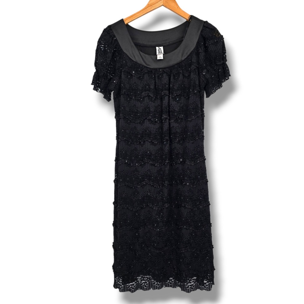 Sunhee Black Lace Tiered Ruffle Sequin Cocktail Dress Women Size 8 Short Sleeve